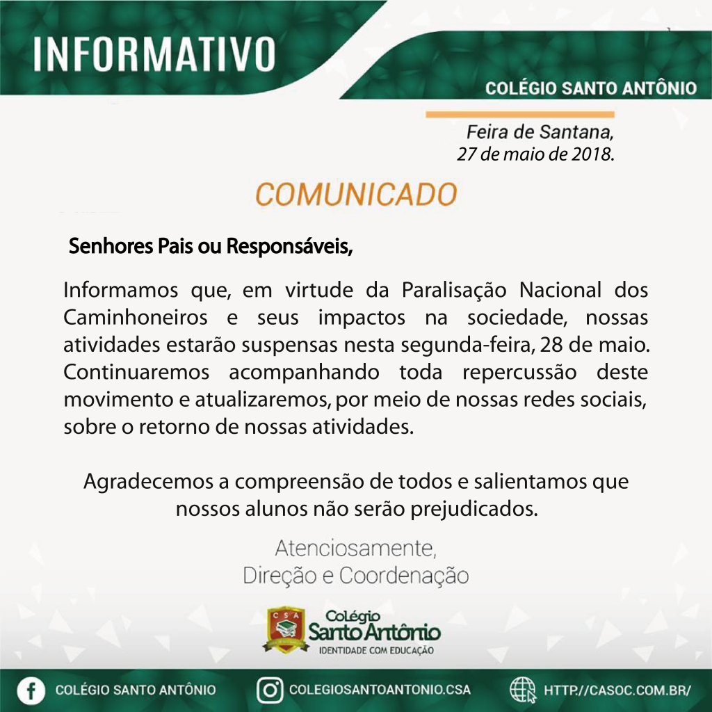 Colégio Santo Antônio informa: