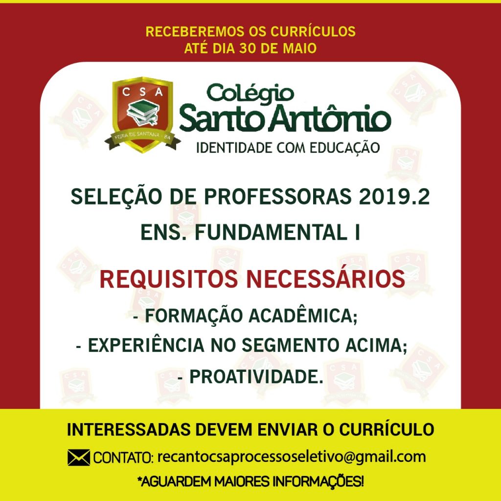 Seleção de Professores 2019.2 Ensino Fundamental I – Colégio Santo Antônio