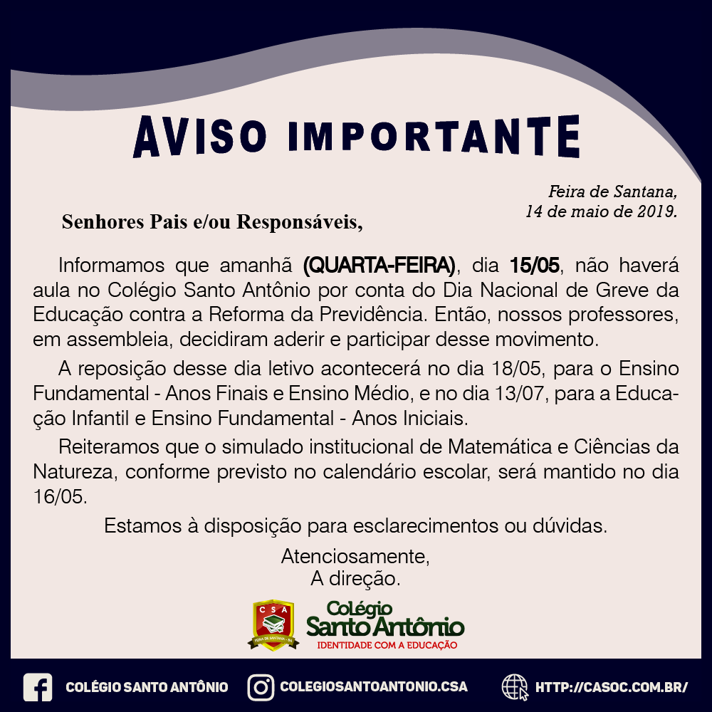 INFORME – Colégio Santo Antônio adverte: